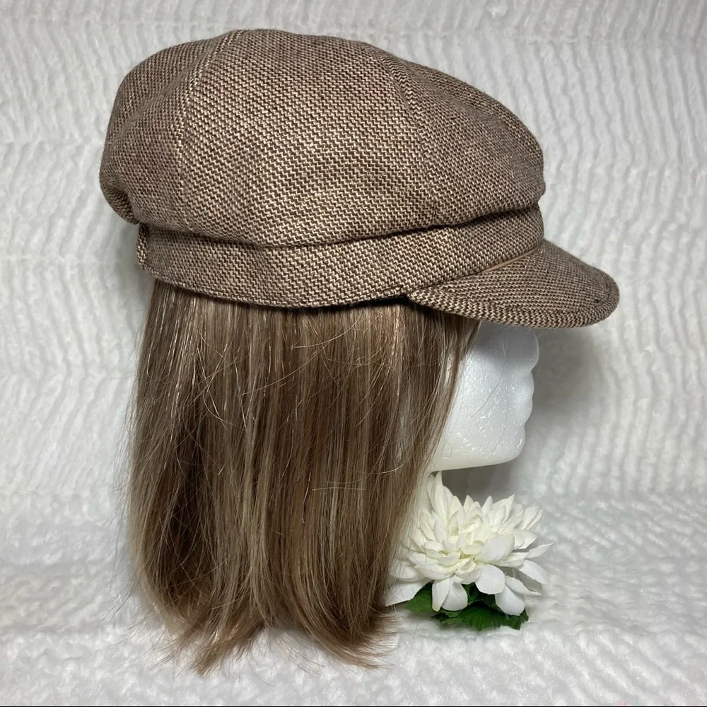 D&Y Newsboy Cap Brown Tweed Button Metallic Thread - Picture 11 of 16
